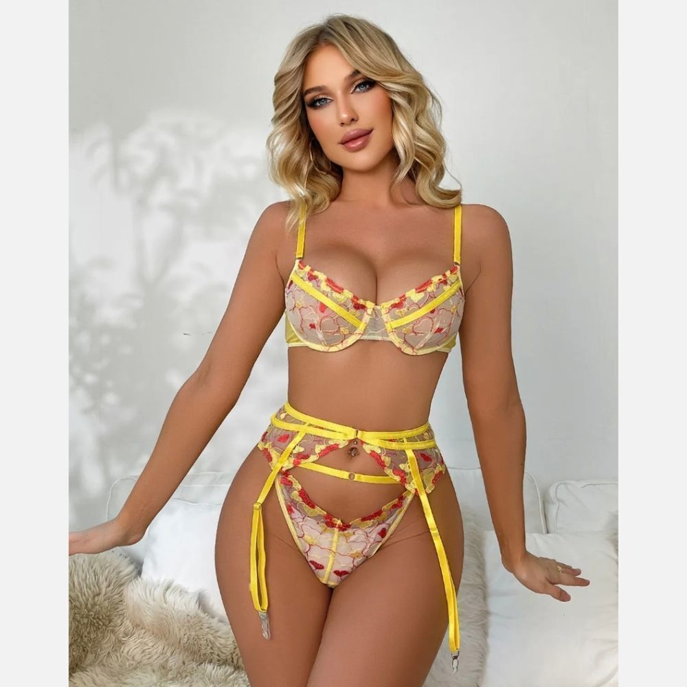 Yellow Underwear Bikini Sexy Lingerie Sling Neckline Transparent Bra Garter Set - Picture 2 of 7